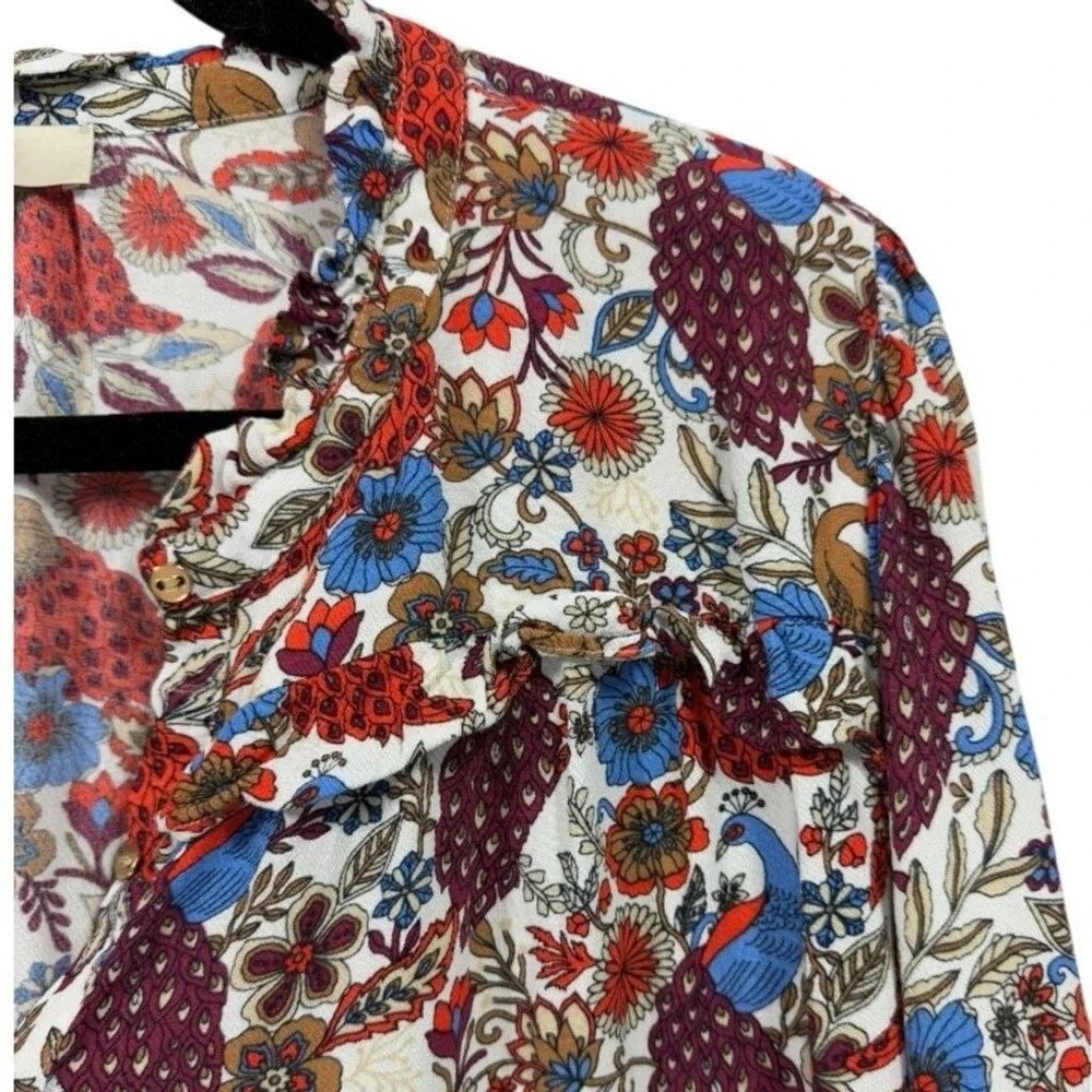 LOFT Womens Peacock Floral Ruffle Sleeve Henley Blouse Multicolor Top Size XL‎